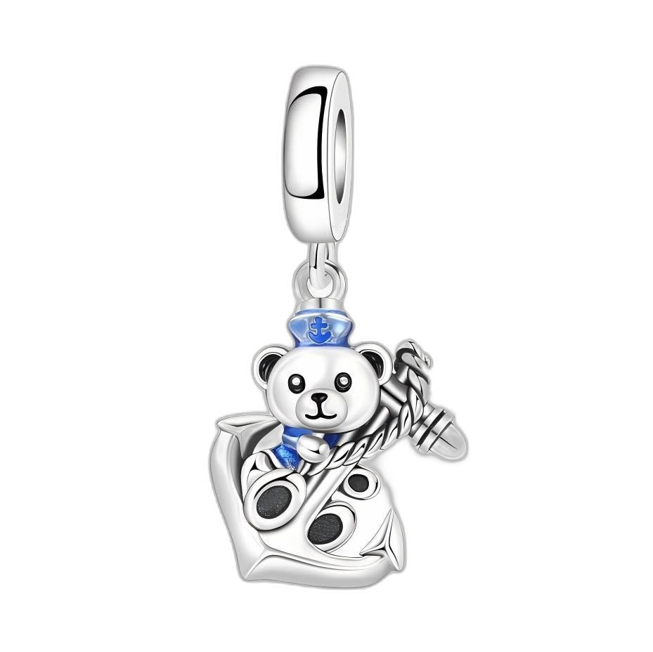 Charm pendant ours matelot sur ancre, details emailles bleus, pour femme, modele Marinello