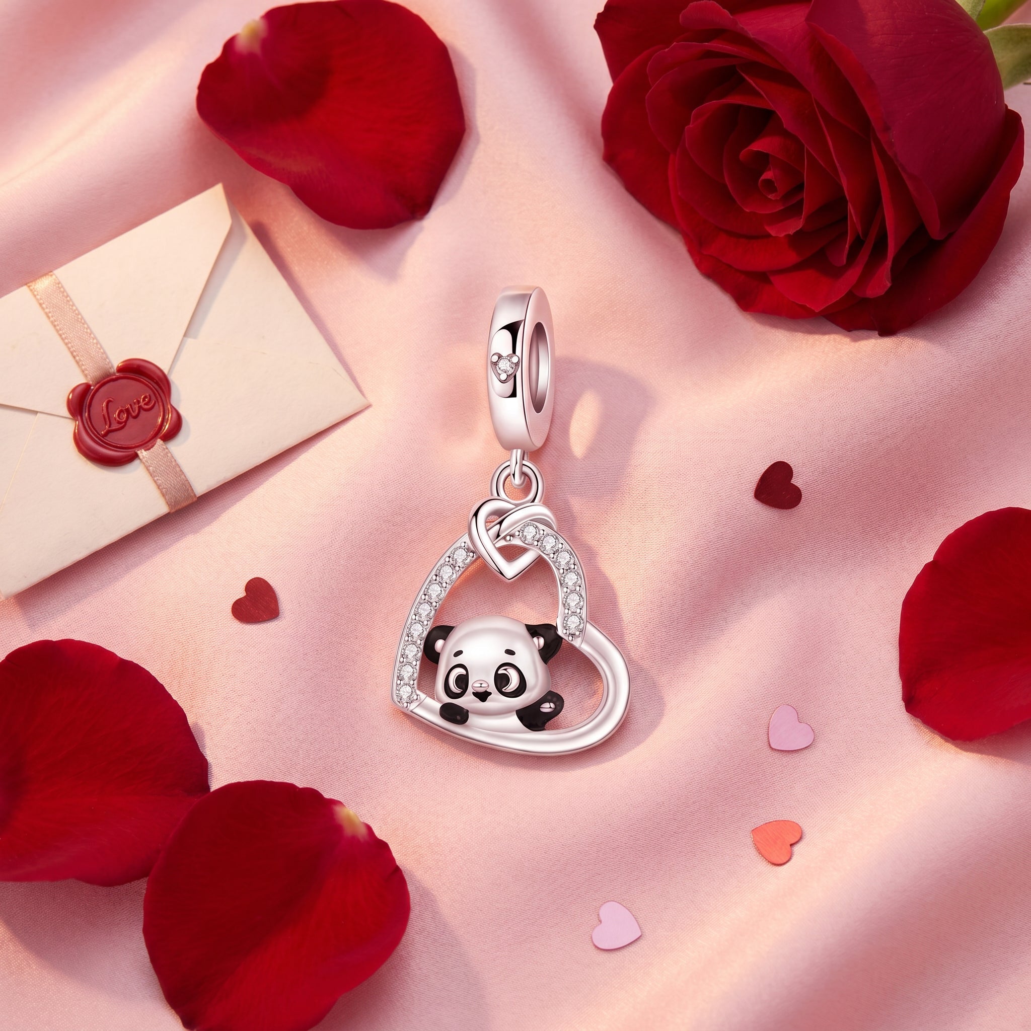 Ciondolo charm, panda cuore carino, per donna, modello Pandamour