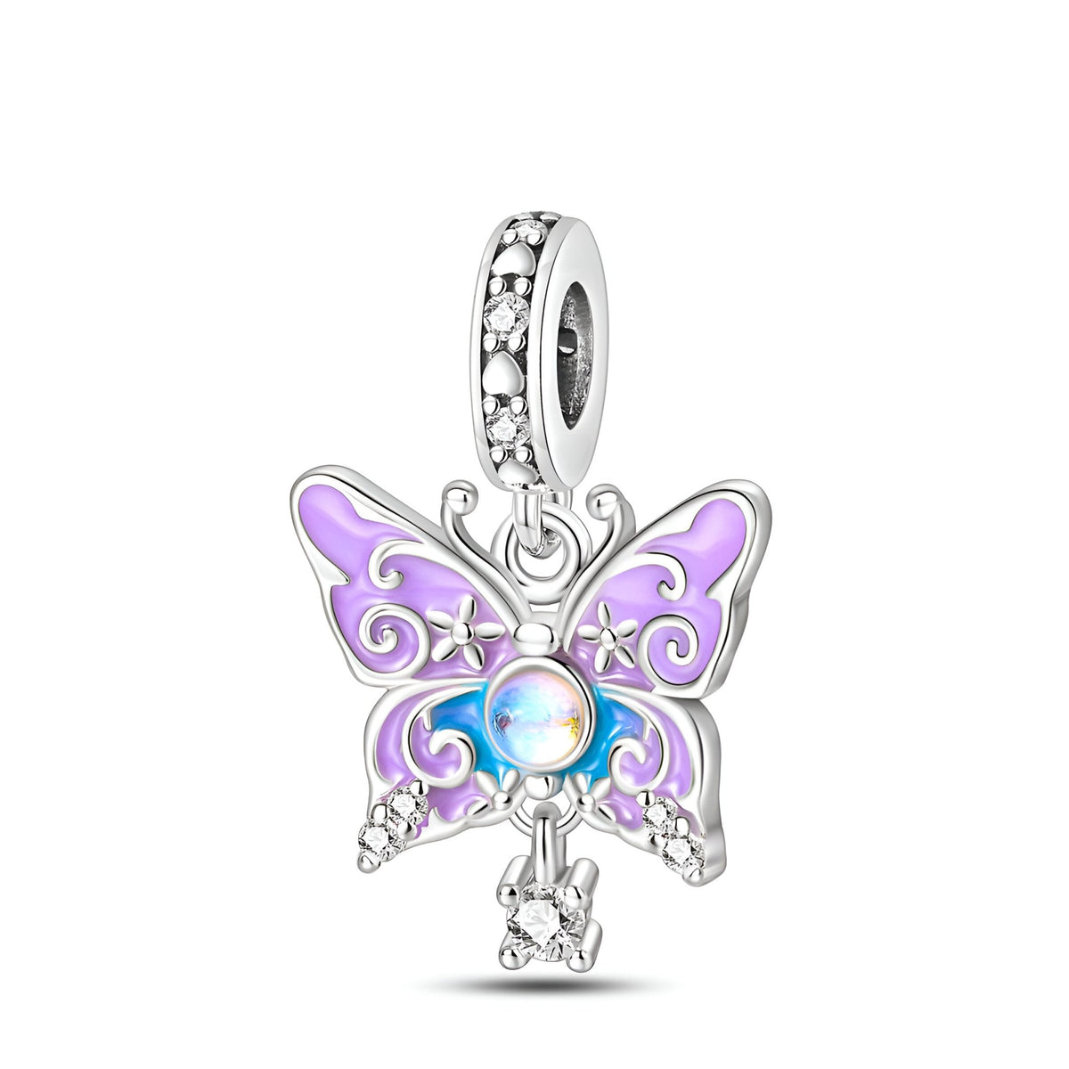 Charm papillon violet et bleu avec centre nacré et détails argentés brillants.