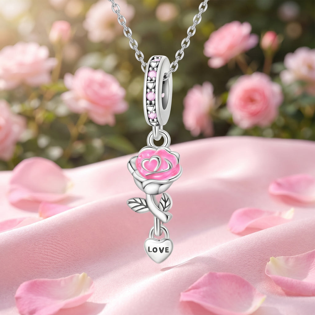 Charm pendant, Phosphorescent Enamelled Pink Pendant with Small LOVE Heart, for Women, Rose of Suspended Love Model