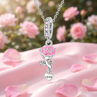 Charm pendant, Pendentif rose émaillée phosphorescente et petit cœur LOVE, pour femme, modèle Rose Suspendue d'Amour
