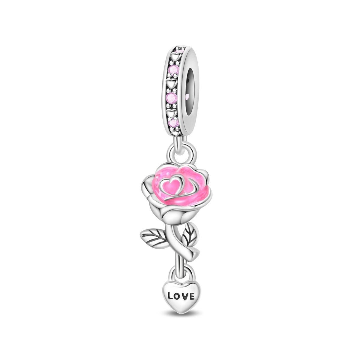 Charm pendant, Phosphorescent Enamelled Pink Pendant with Small LOVE Heart, for Women, Rose of Suspended Love Model
