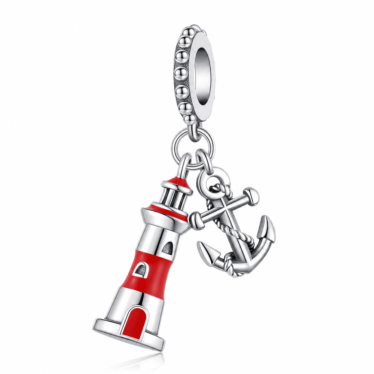 Charm pendant phare et ancre marine en argent avec émail rouge, modèle Pharos, vue produit sur fond blanc
