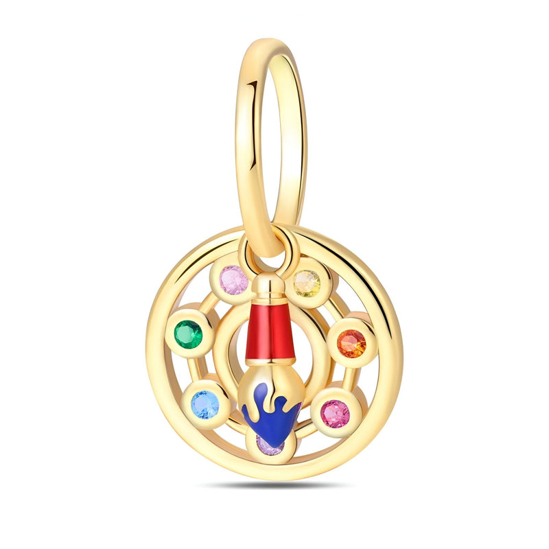 Charm pendentif cercle doré avec pinceau coloré brillant et anneau attaché.