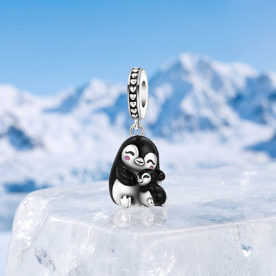 Charm pendant pingouins enlacés, émail noir blanc et rose, pour femme, modèle Pinguino