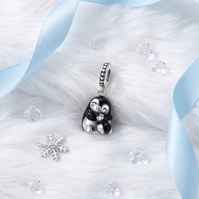 Charm pendant pingouins enlacés, émail noir blanc et rose, pour femme, modèle Pinguino