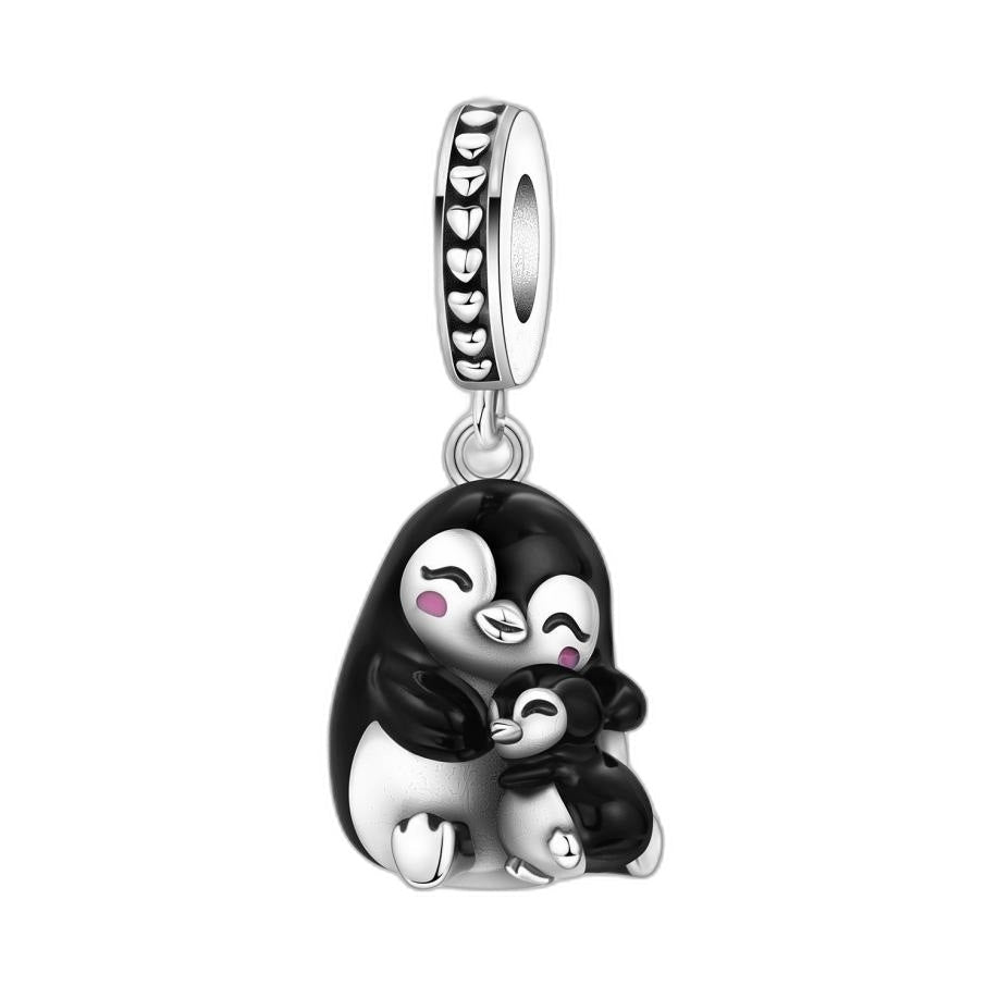 Charm pendant pingouins enlacés, émail noir blanc et rose, pour femme, modèle Pinguino