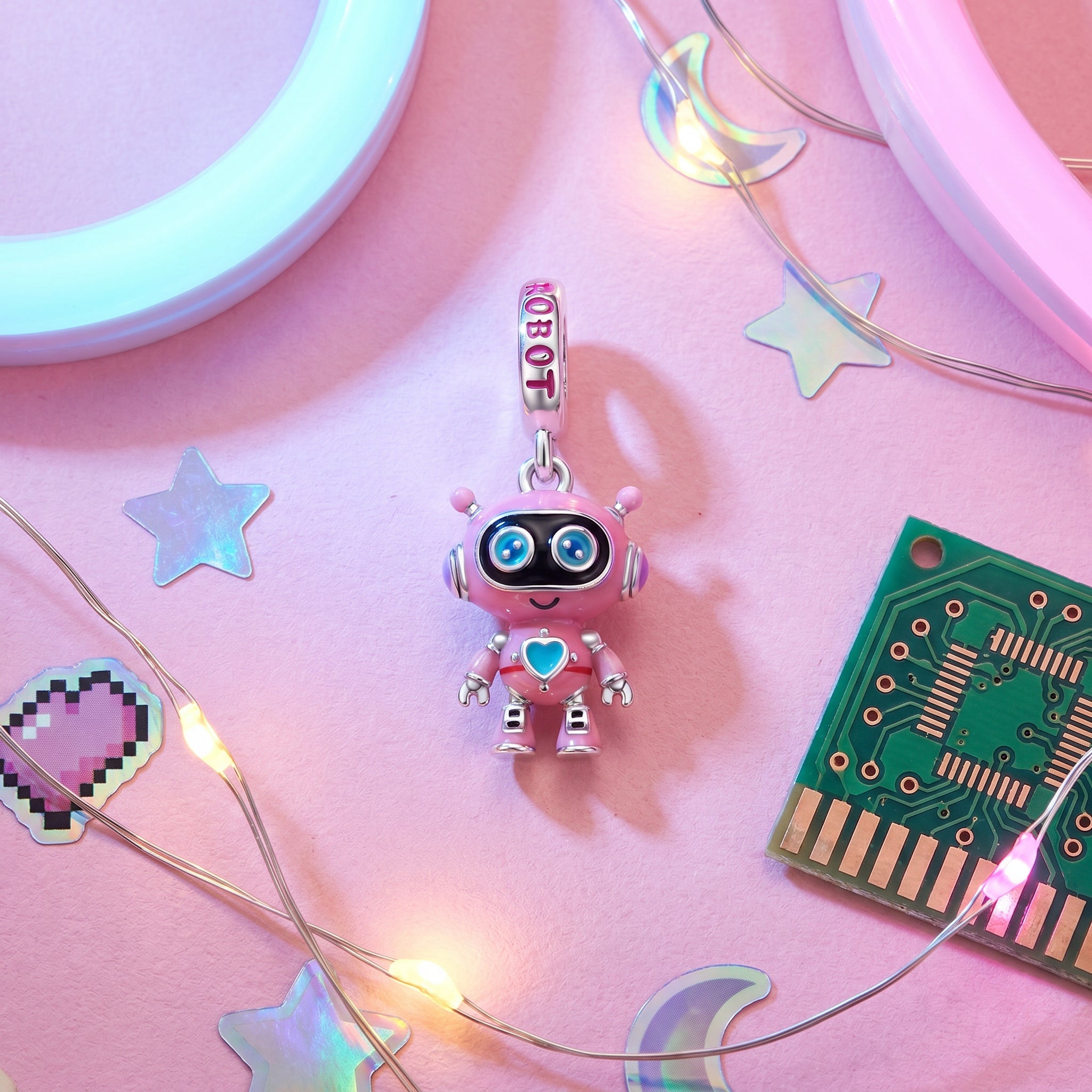 Ciondolo charm, robot kawaii rosa con cuore turchese, per donna, modello Robotina