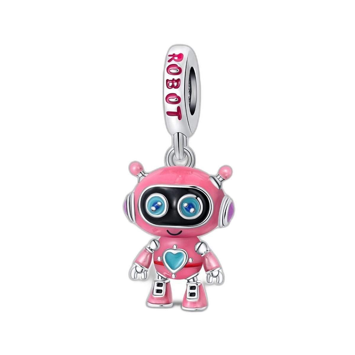 Ciondolo charm, robot kawaii rosa con cuore turchese, per donna, modello Robotina