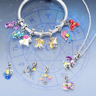 Bracelet argenté avec pendentif signe astrologique Bélier orné de pierres colorées et motifs étoilés.