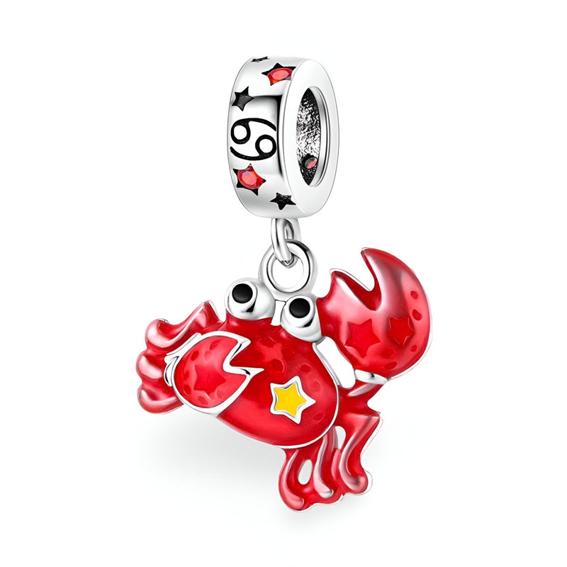 Charm pendentif signe Cancer en émail rouge avec étoiles et fermoir argenté sculpté.