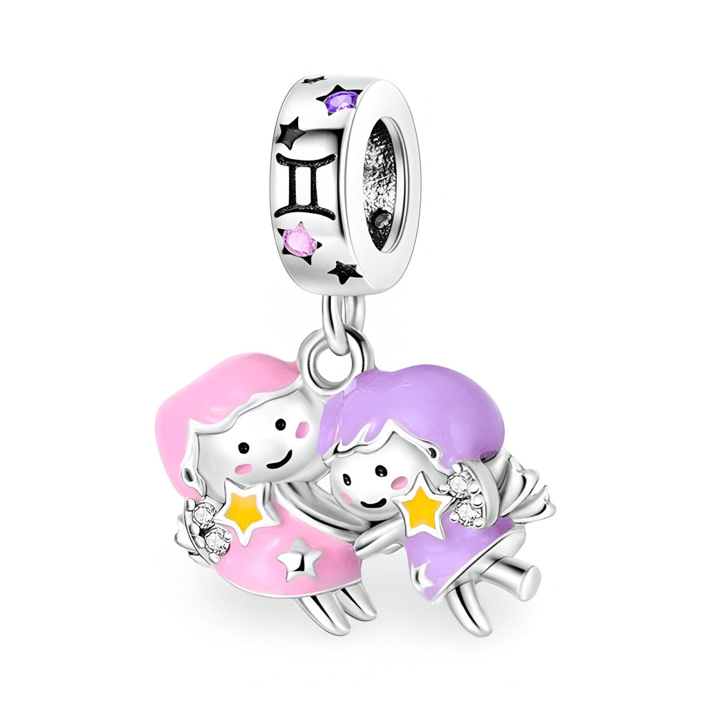 Charm pendentif zodiaque Gémeaux en argent, filles colorées rose et violet avec étoiles jaunes, breloque suspendue.