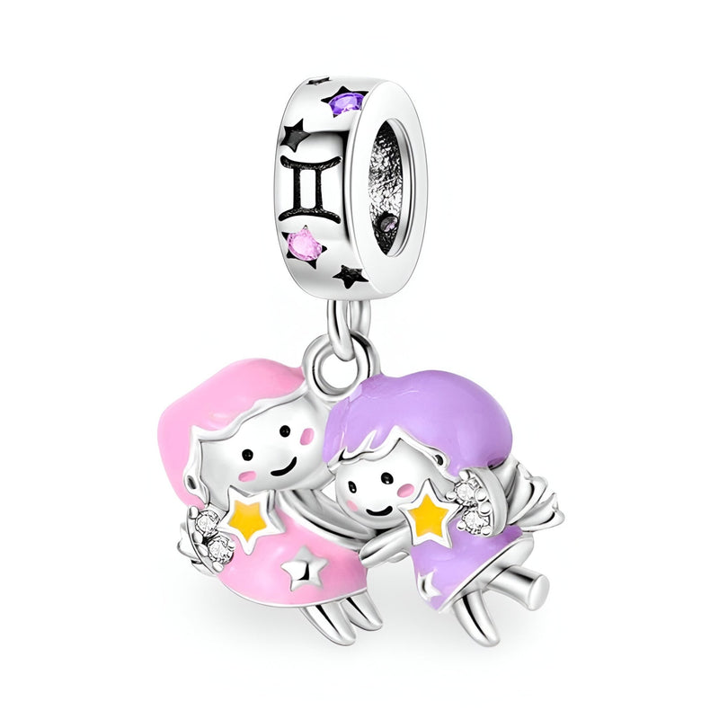 Charm pendentif zodiaque Gémeaux en argent, filles colorées rose et violet avec étoiles jaunes, breloque suspendue.