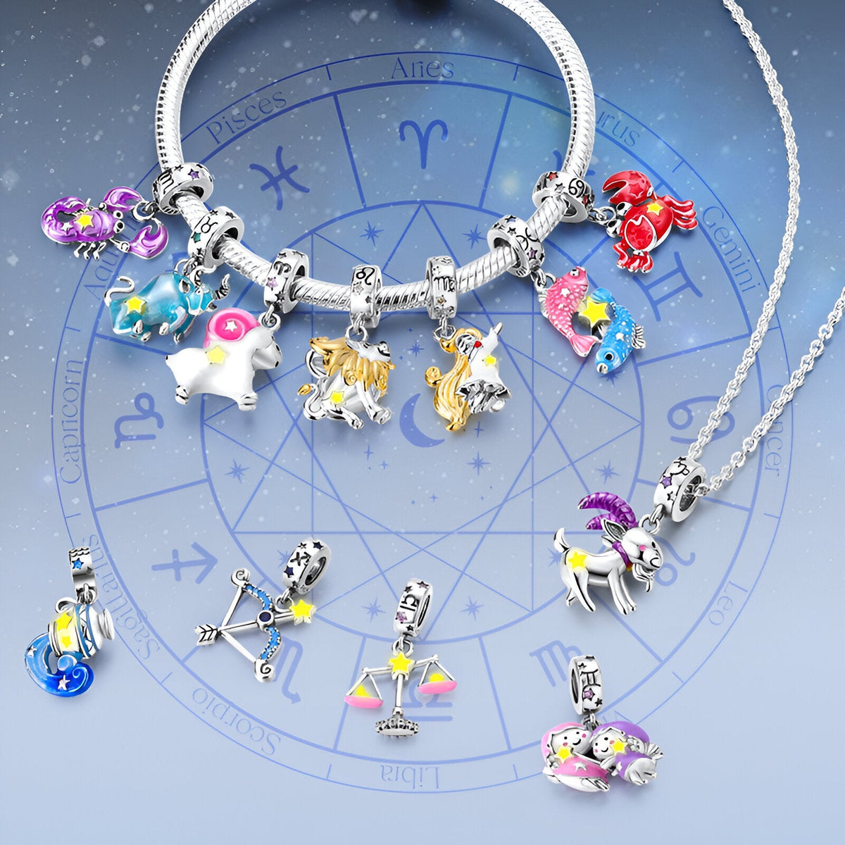 Bracelet serpent argent avec breloques signes du zodiaque colorées, style fantaisie.