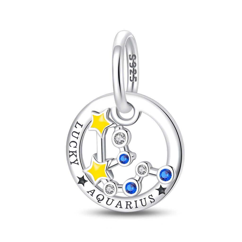Charm pendentif rond en argent 925 signe Verseau avec étoiles et pierres bleues et blanches.
