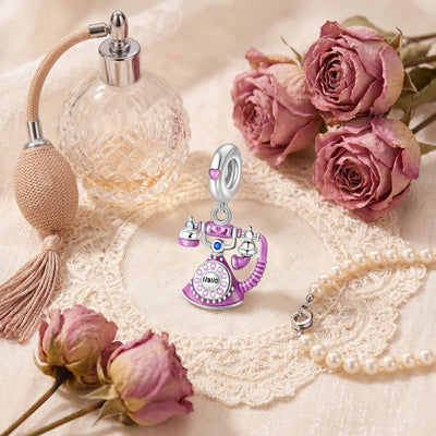 Charm pendant, vintage purple-pink telephone with rotary dial, for women, Telephonia model
