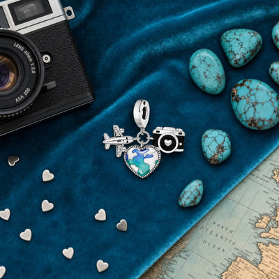 Charm pendant trio voyage, avion, valise et appareil photo, pour femme, modèle Triventura