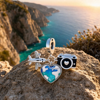 Charm pendant trio voyage, avion, valise et appareil photo, pour femme, modèle Triventura