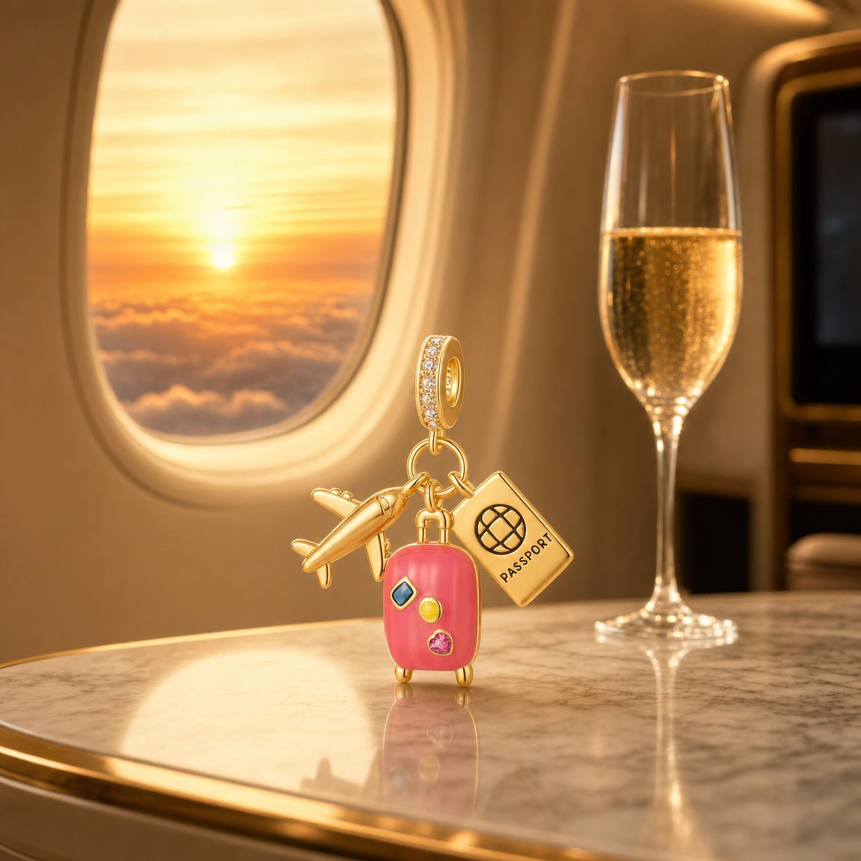 Charm pendant, golden trio suitcase, airplane and passport, for women, Aurata model