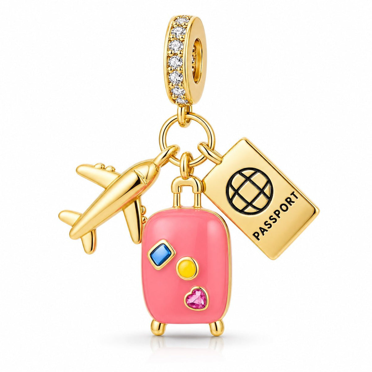 Charm pendant voyage, trio valise avion et passeport, emaux colores, modele Aurata