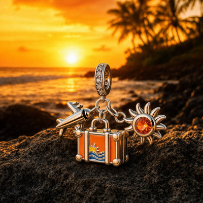 Charm pendant, trio été voyage cocotier soleil et valise, pour femme, modèle Estivale