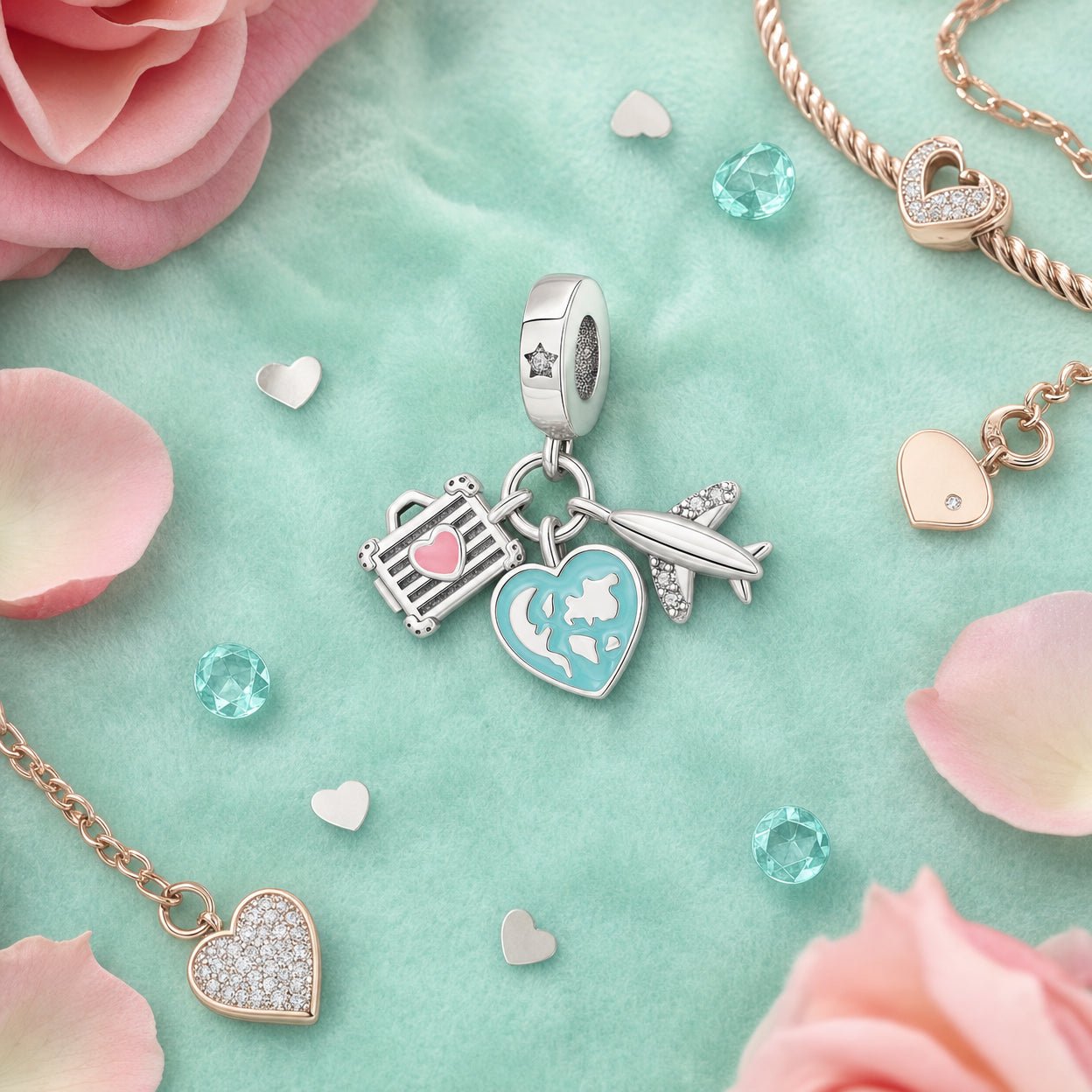 Colgante charm, trío luminoso avión, globo y estrella, para mujer, modelo Luminos