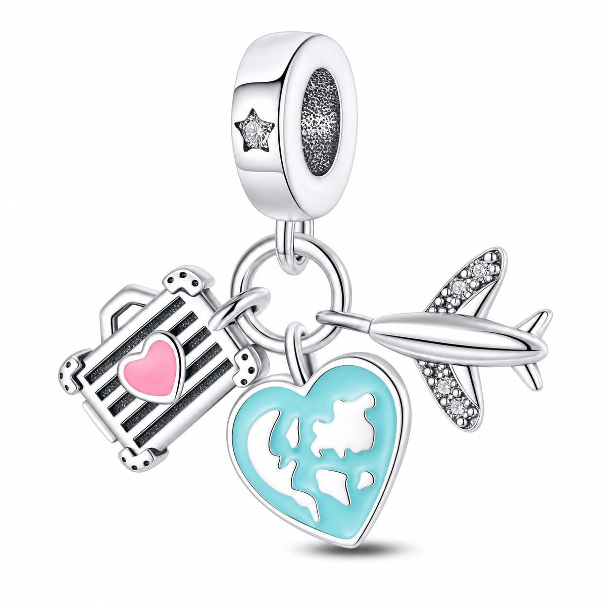Charm-vedhæng, lysende trio med fly, globus og stjerne, til kvinder, model Luminos