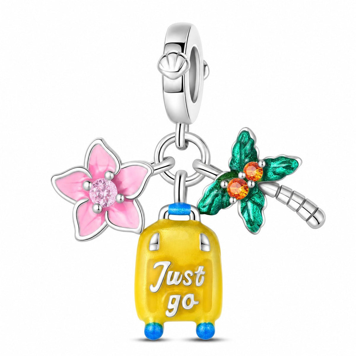 Charm pendant, trio tropical fleur valise et palmier, pour femme, modèle Tropicalia