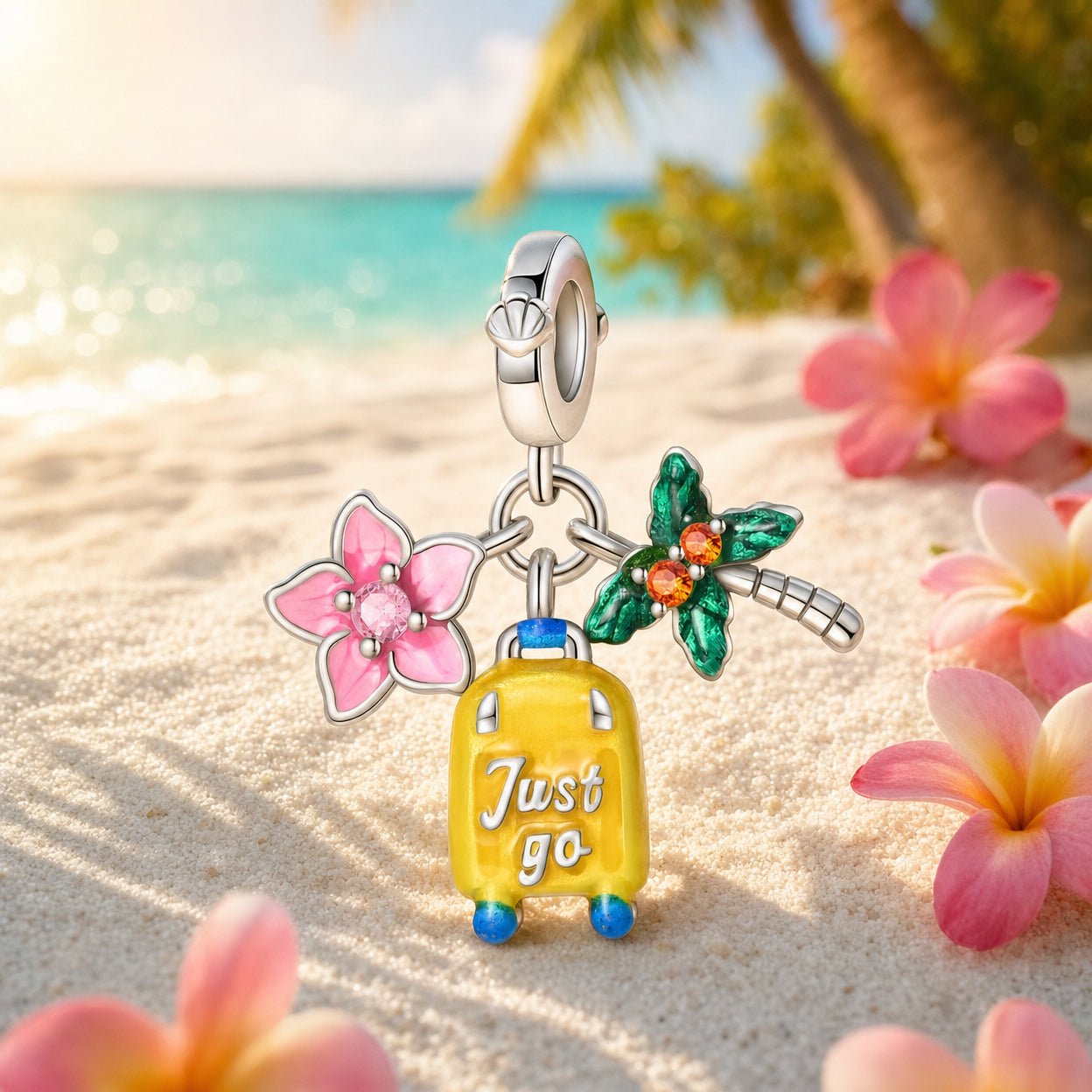 Charm pendant, trio tropical fleur valise et palmier, pour femme, modèle Tropicalia