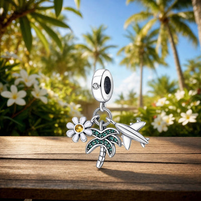 Charm pendant, trio tropical marguerite palmier et avion, pour femme, modèle Palmera