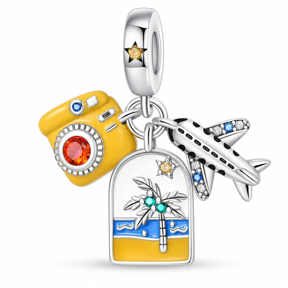 Colgante charm, trío de viaje con cámara de fotos, postal y avión, para mujer, modelo Wanderlust