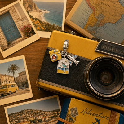 Colgante charm, trío de viaje con cámara de fotos, postal y avión, para mujer, modelo Wanderlust