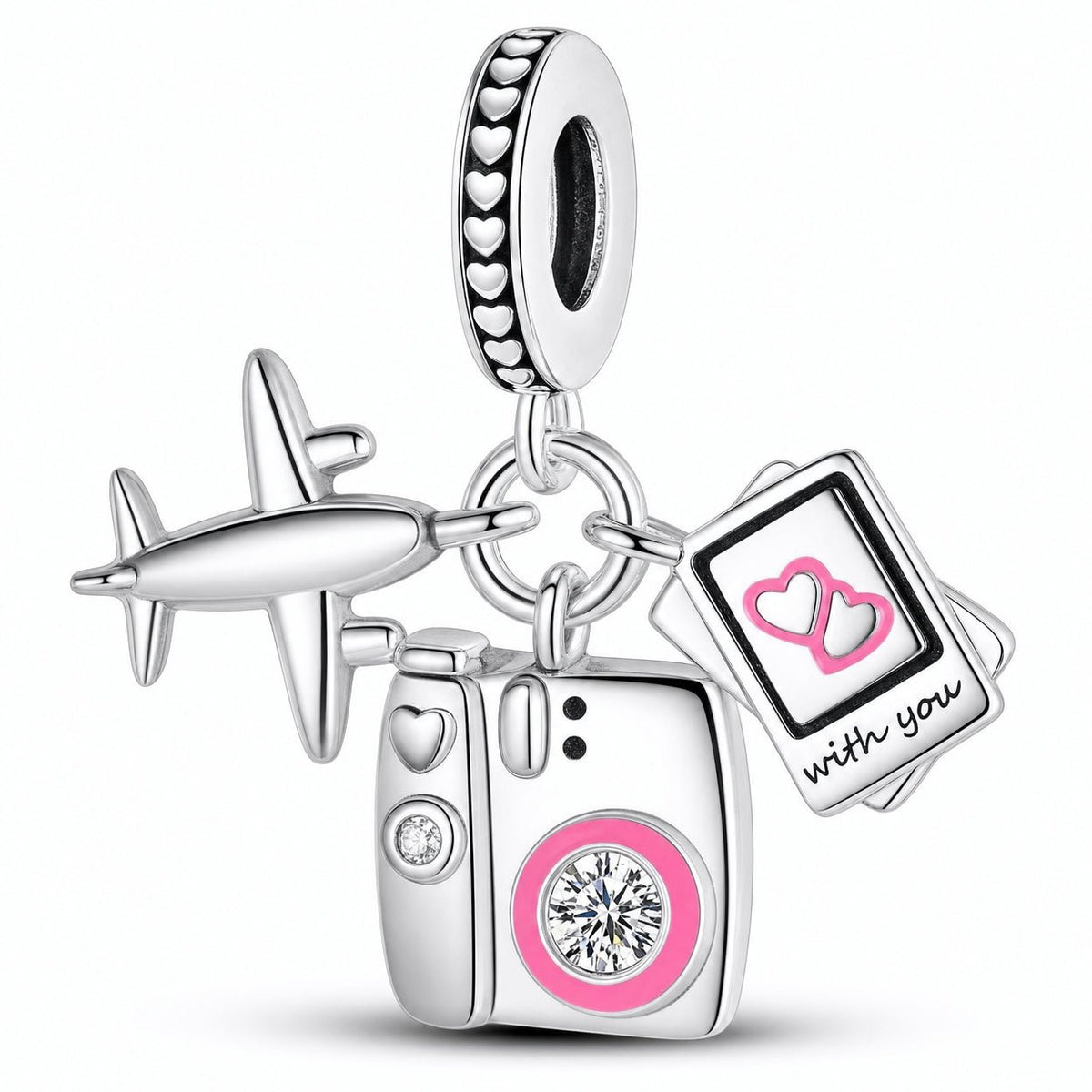 Colgante charm, trío viaje avión cámara y mapa, para mujer, modelo Explorea