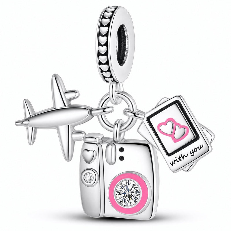 Charm pendant, travel trio airplane, camera and map, for women, Explorea model