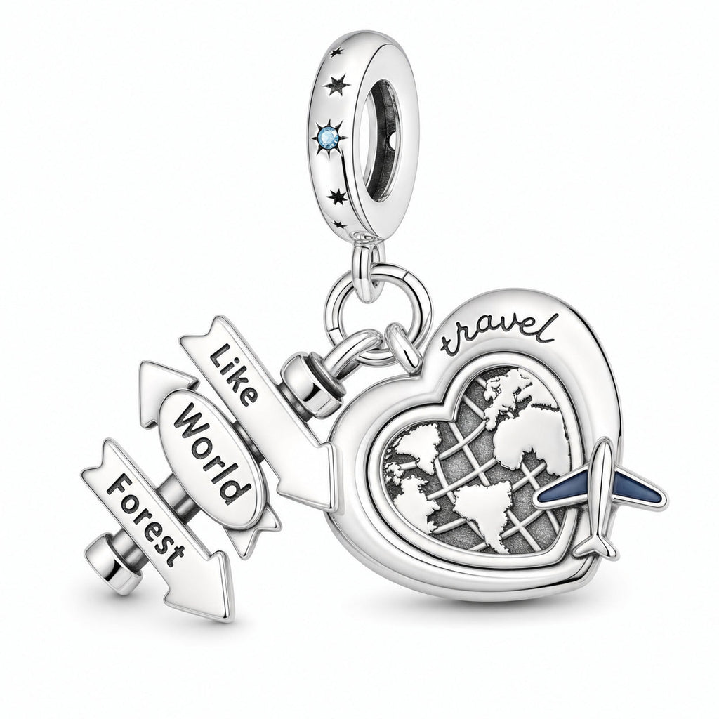 Charm pendant, travel trio airplane globe and directional sign, for women, Amorvia model