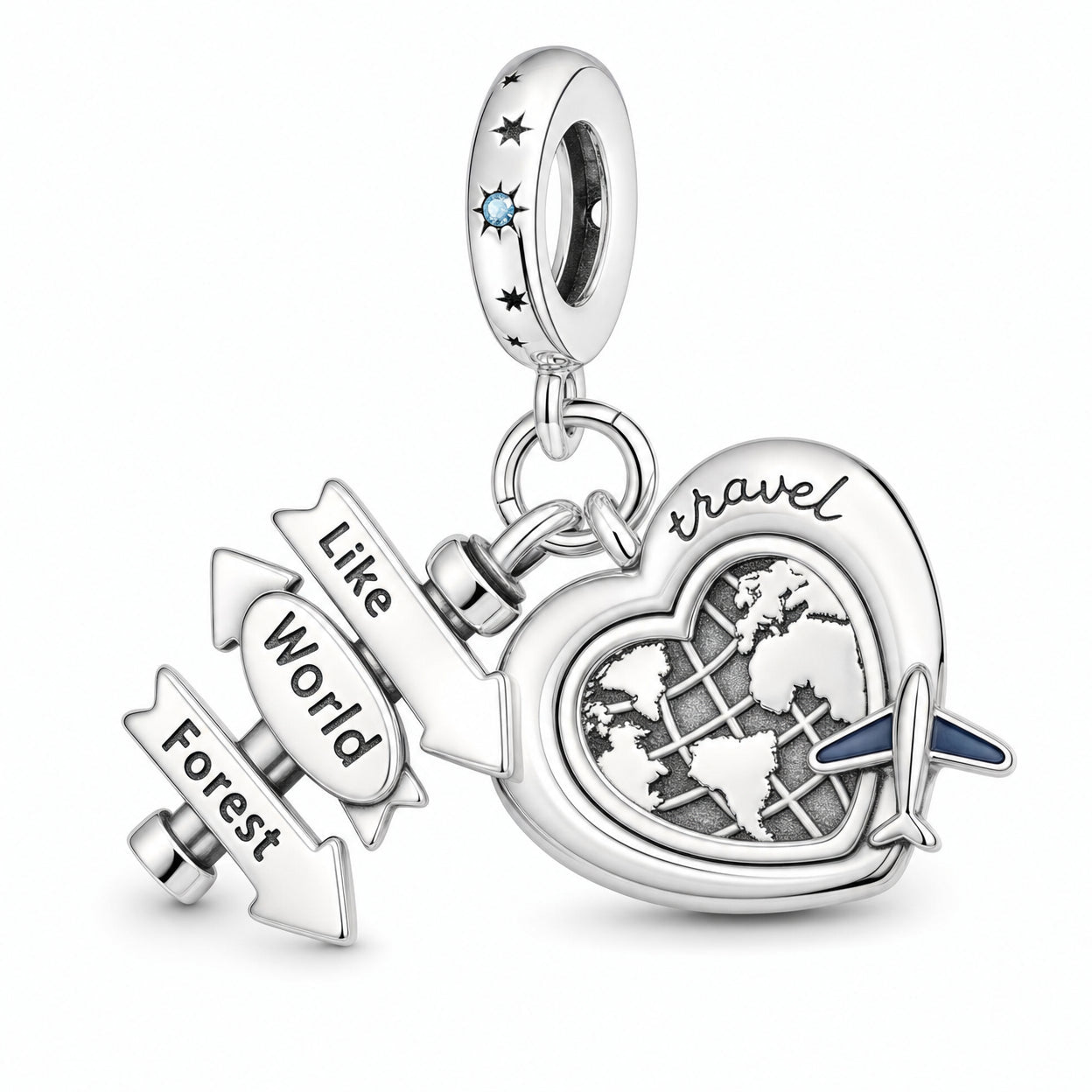 Charm pendant, travel trio airplane globe and directional sign, for women, Amorvia model