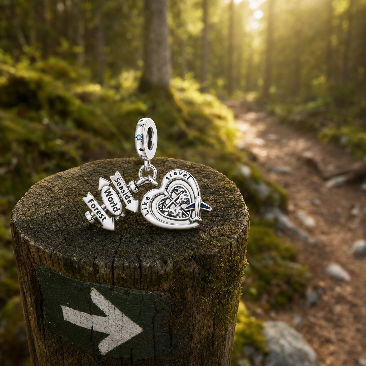 Charm pendant, travel trio airplane globe and directional sign, for women, Amorvia model