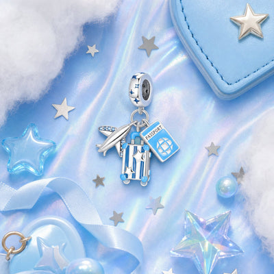 Charm colgante trío de viaje, avión, pasaporte y maleta esmaltados, para mujer, modelo Iridesca