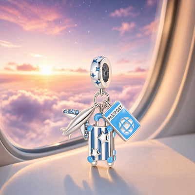 Charm colgante trío de viaje, avión, pasaporte y maleta esmaltados, para mujer, modelo Iridesca