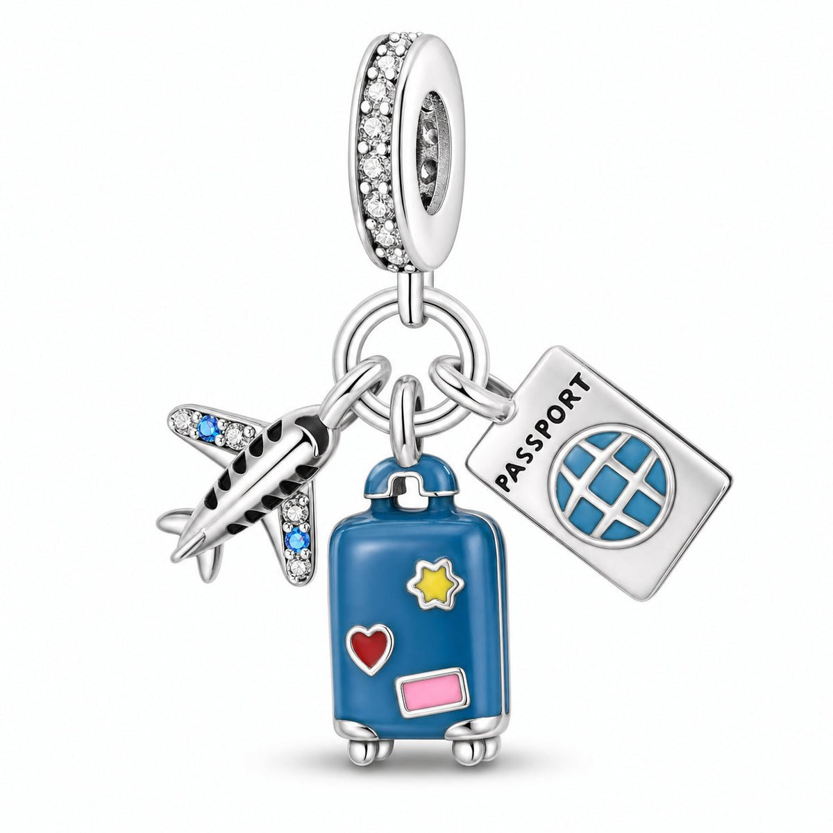 Charm pendant, trio voyage valise bleue avion et passeport, pour femme, modèle Azurea