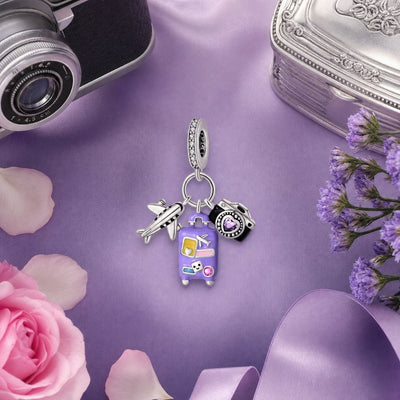 Travel trio charm, enameled suitcase, airplane and camera with zircons, Purpuria model