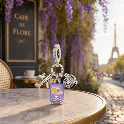 Travel trio charm, enameled suitcase, airplane and camera with zircons, Purpuria model