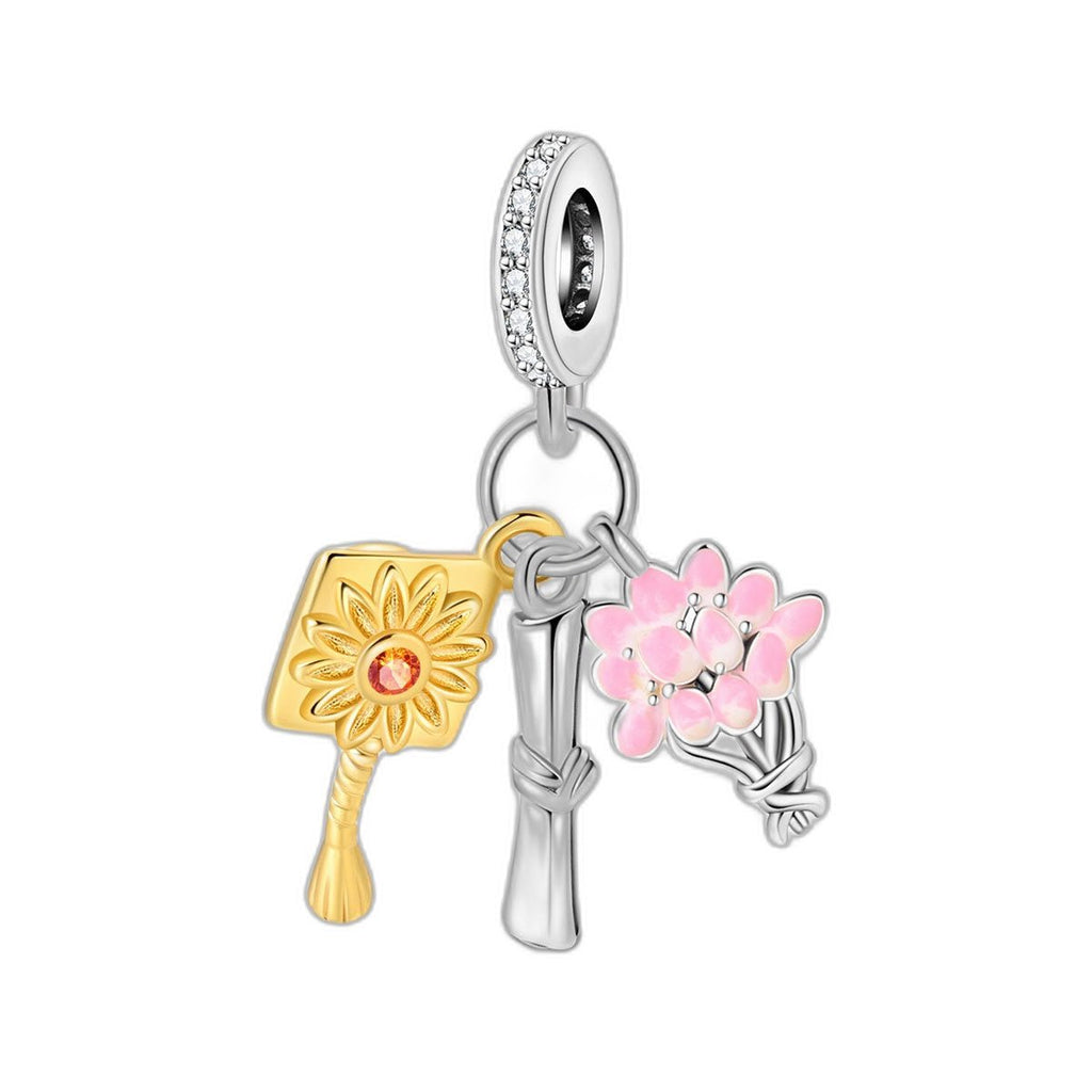 Bedel hanger, drievoudige afstudeerbedel verguld met zonnebloem en roze boeket, voor dames, model Solegrado