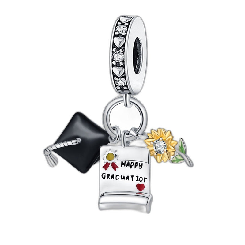 Charm pendant, triple graduation happy graduation avec tournesol doré, pour femme, modèle Feliciana