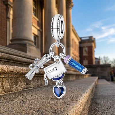 Ciondolo charm, triplo pendente laurea blu con cuore zaffiro, per donna, modello Triomphio
