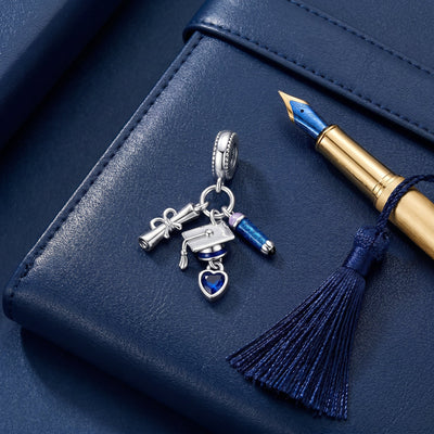 Ciondolo charm, triplo pendente laurea blu con cuore zaffiro, per donna, modello Triomphio