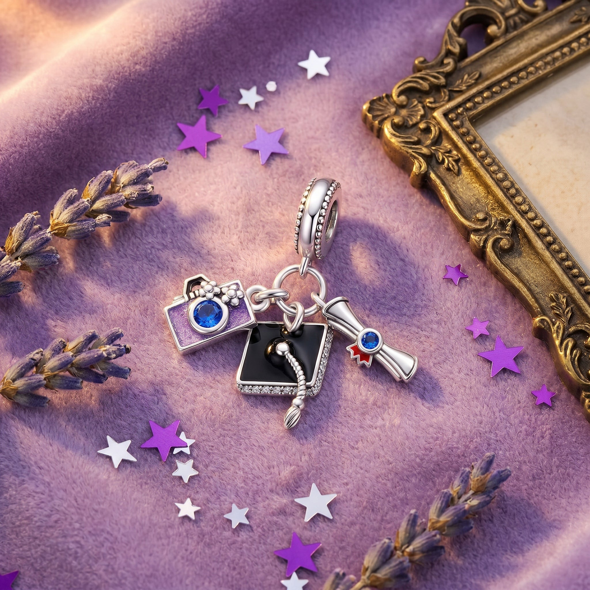 Charm pendant, triple violet graduation pendant with camera, for women, Memorabilia model