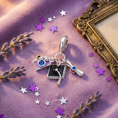 Pendant charm triple graduation, graduation cap and zircons, for women, Memorabilia model