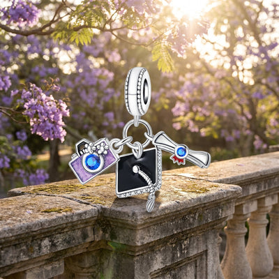 Pendant charm triple graduation, graduation cap and zircons, for women, Memorabilia model