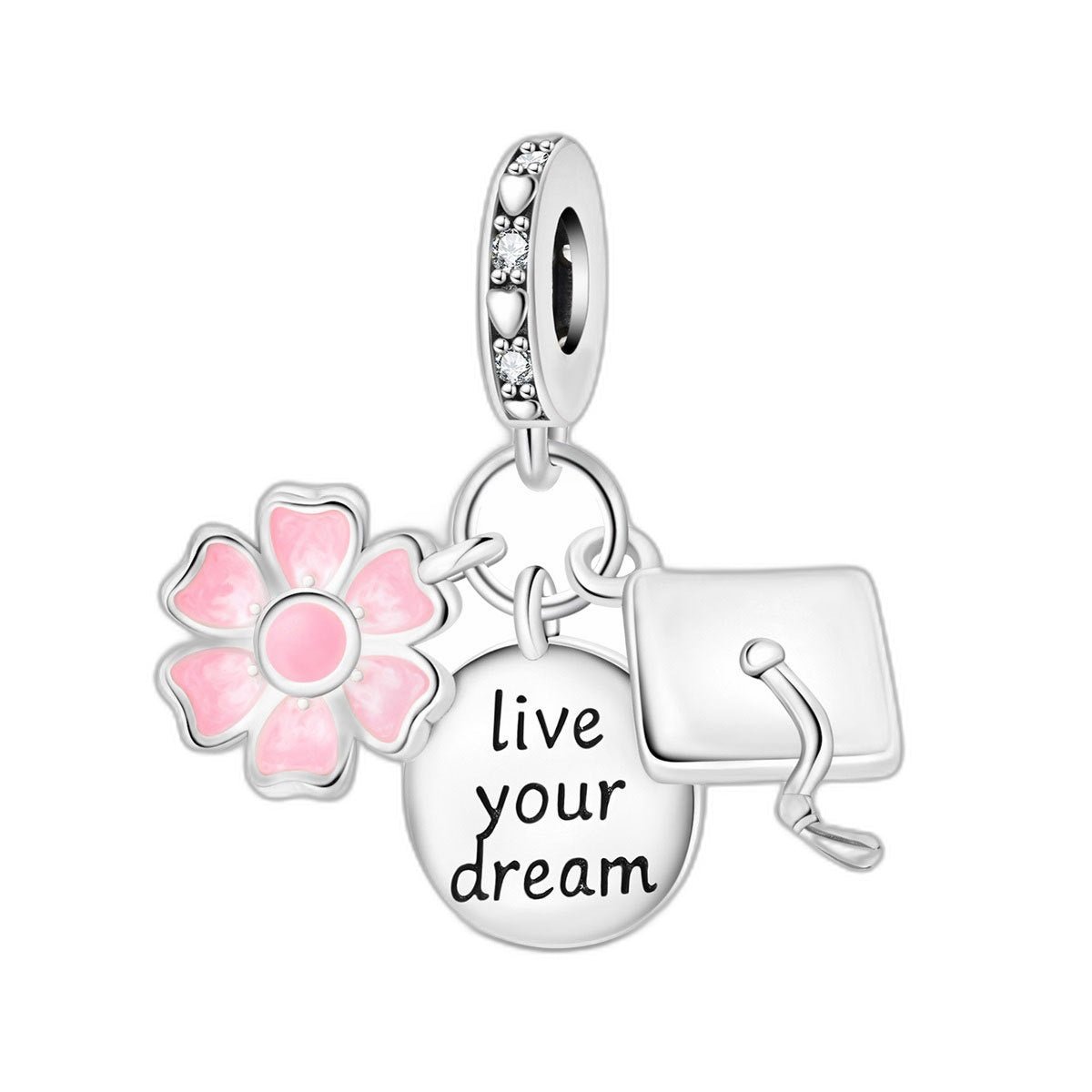 Zawieszka charms, potrójny wisiorek live your dream z różowym kwiatem, dla kobiet, model Dreamella